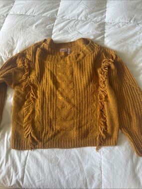 Mustard Fringe Cable-Knit Sweater - Women